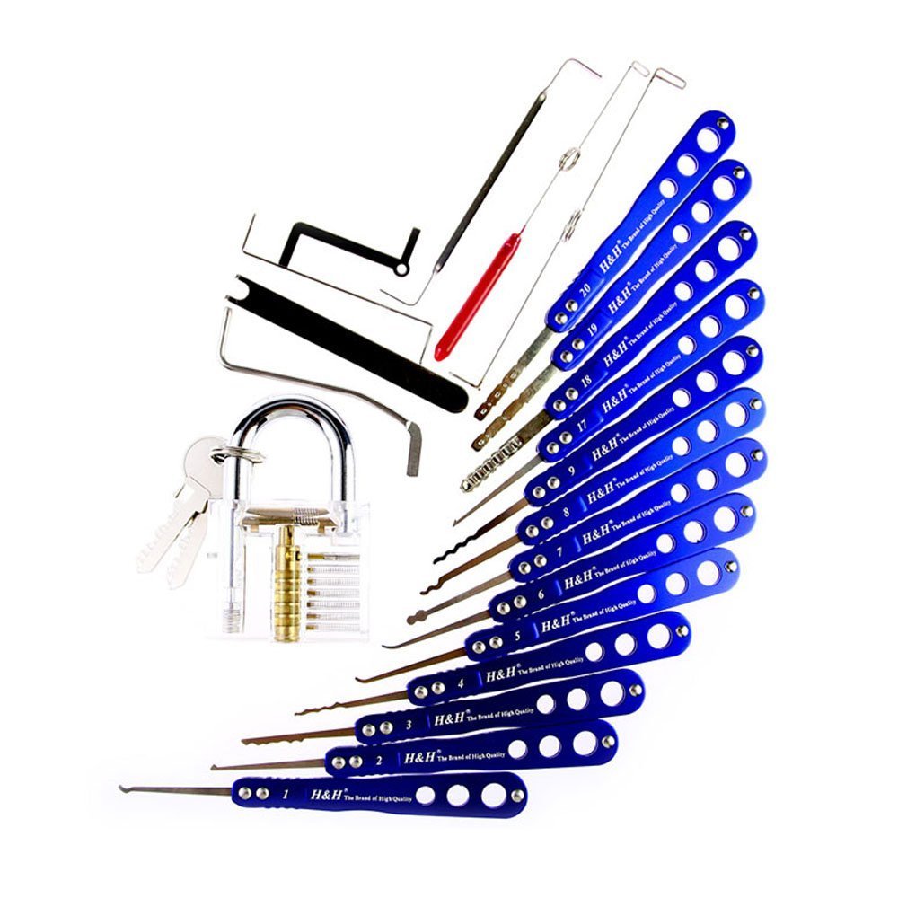 Professional H&H 20-in-1 Lock Opener Tools Full Set+Transparent Practice Padlock