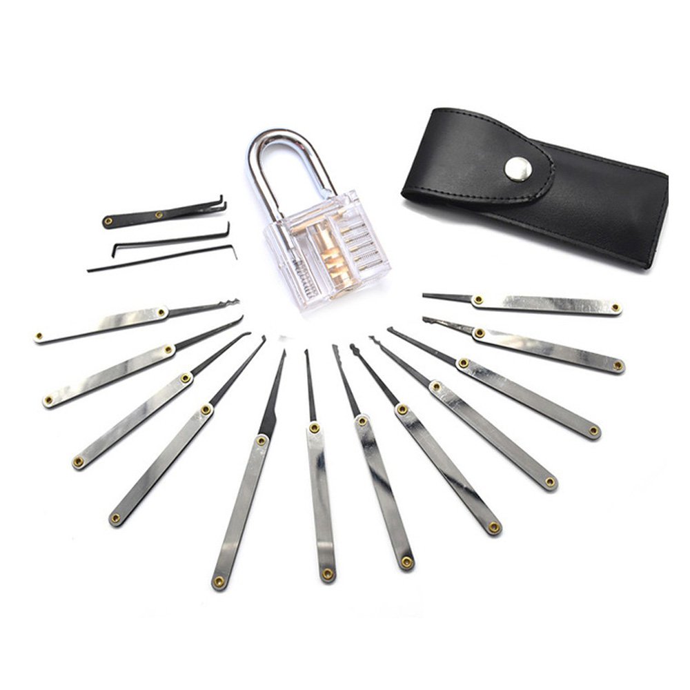 31 Pieces Lock Pick Set w/2 Transparent Training Lock,24 PCS Stainless  Steel Lock Picking